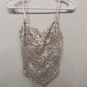 Lulus Lace Bodysuit in Cream and Tan